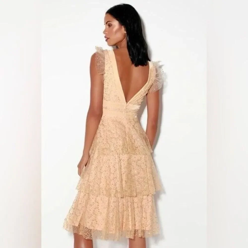 Lulus Stunning Love Nude and Gold Glitter Tiered Midi Dress Size Small
